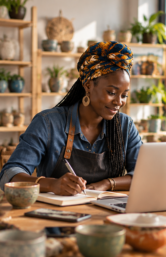 AI-generated image of a West African entrepreneur at work